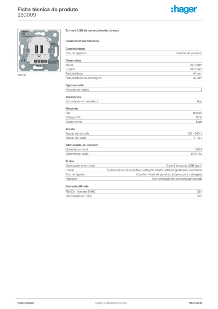 Imagem Hager Ficha técnica do produto 260009 | Hager Portugal