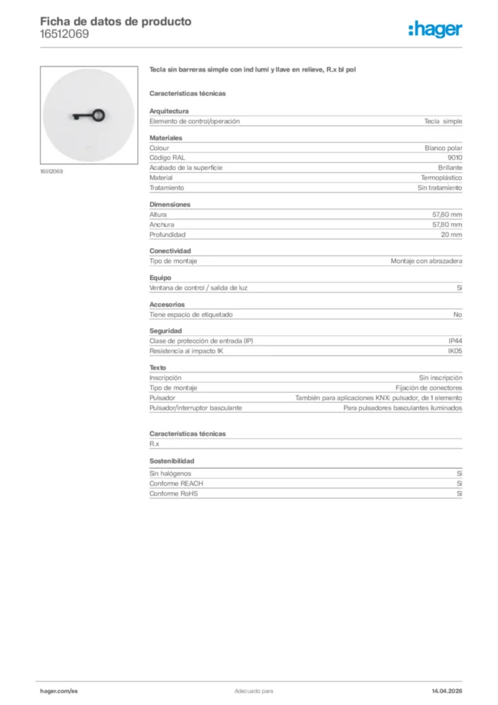 Imagen Hager Ficha de datos de producto 16512069 | Hager España
