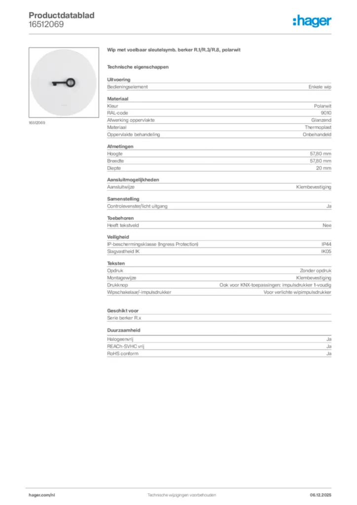Afbeelding Hager Productdatablad 16512069 | Hager Nederland