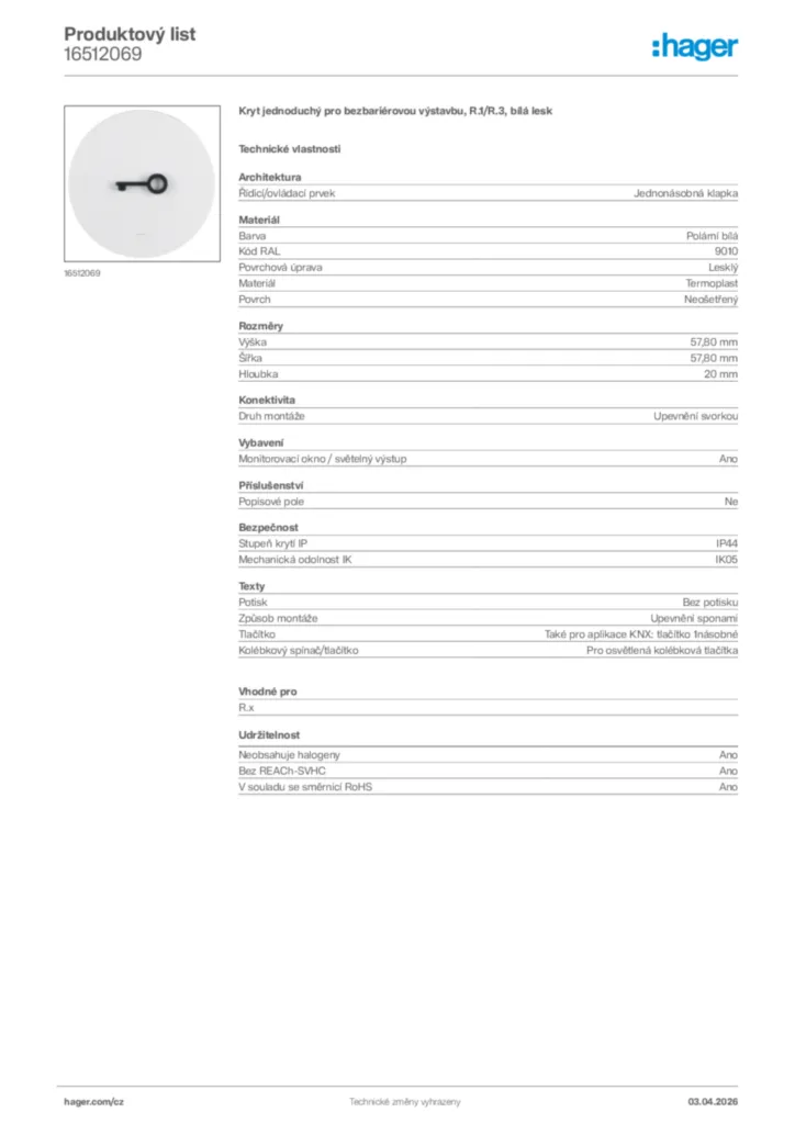 Obrázek Hager Product data sheet 16512069 | Hager