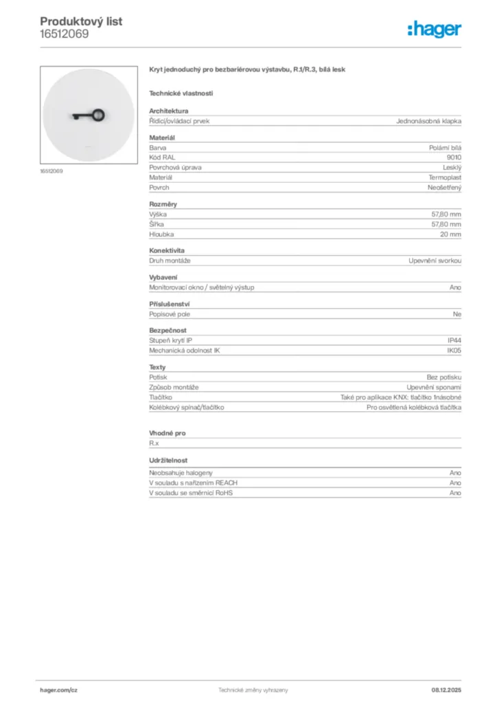 Obrázek Hager Product data sheet 16512069 | Hager