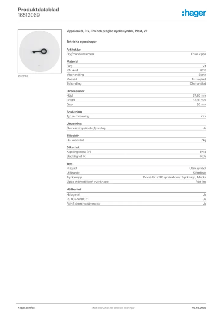 Bild Hager Produktdatablad 16512069 | Hager Sverige