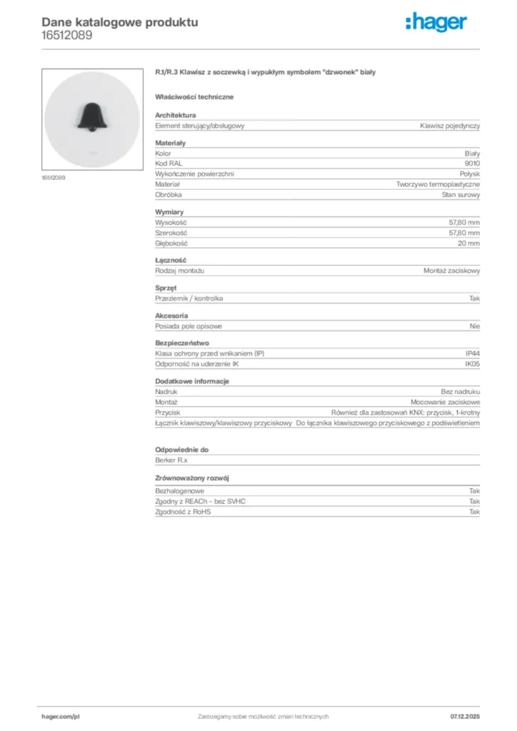 Zdjęcie Hager Karta katalogowa 16512089 | Hager Polska