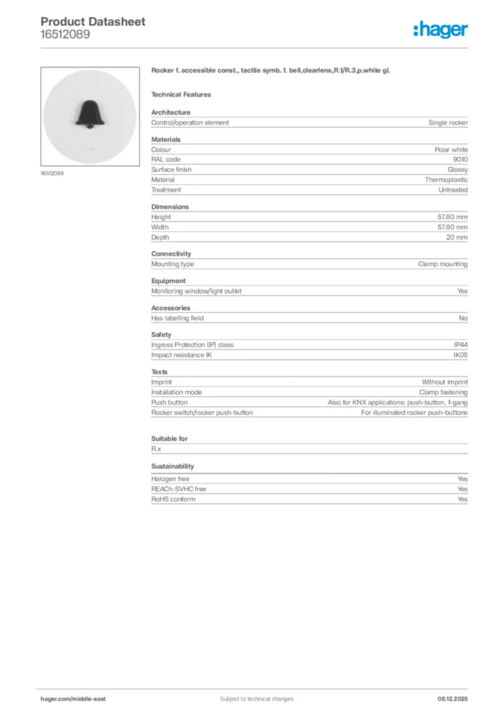 Image Hager Product data sheet 16512089  | Hager