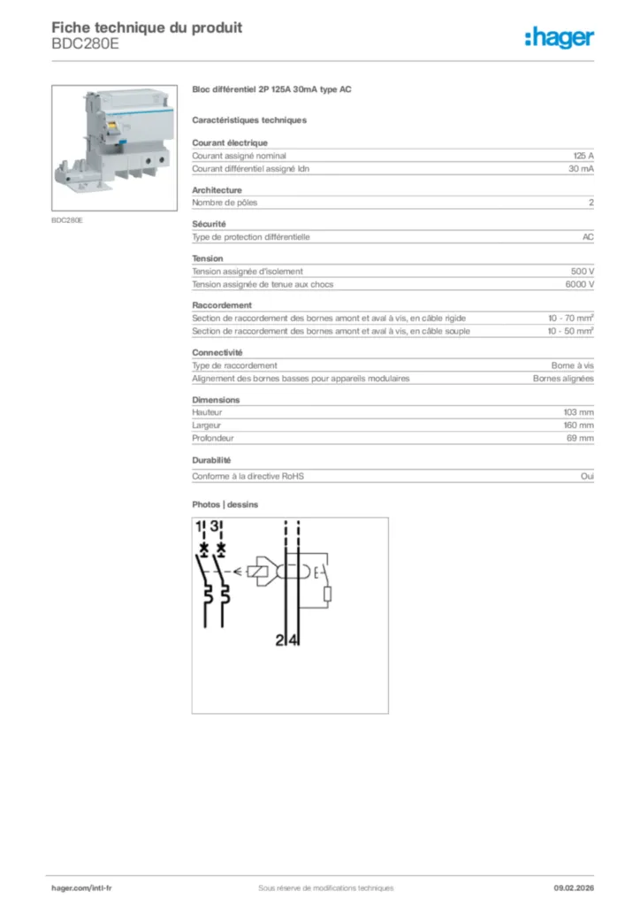 Image Hager Fiche technique du produit BDC280E | Hager Afrique
