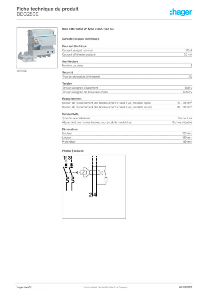 Image Hager Fiche technique du produit BDC280E | Hager France