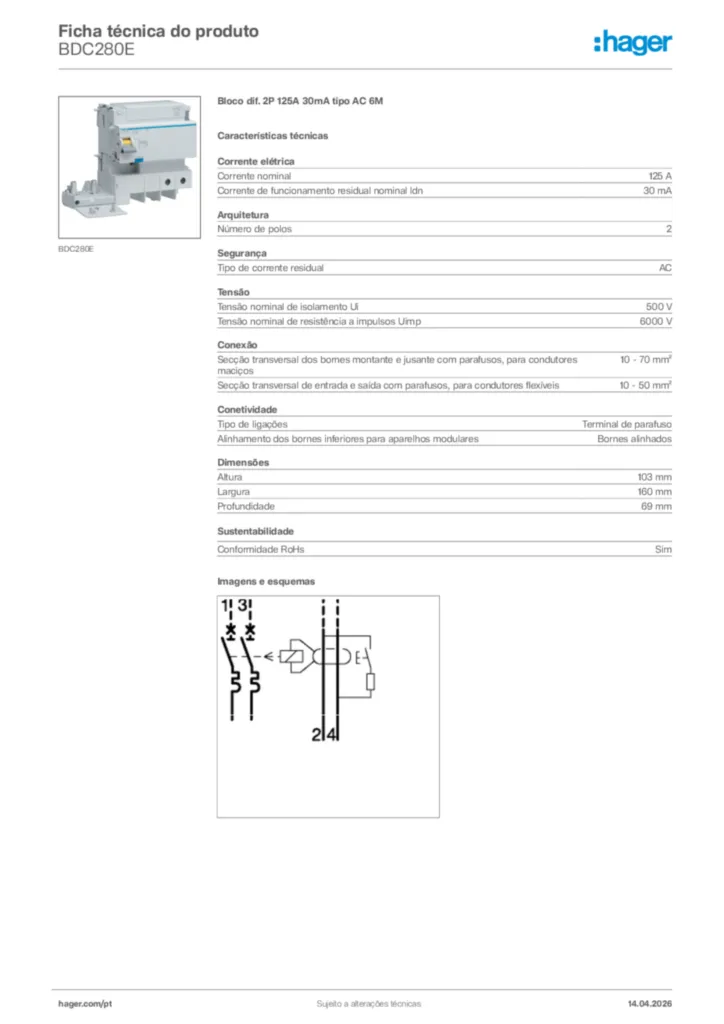 Imagem Hager Ficha técnica do produto BDC280E | Hager Portugal