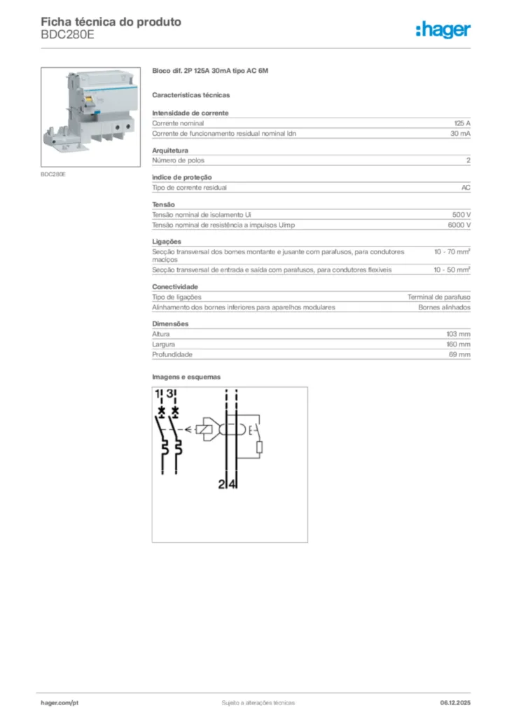 Imagem Hager Ficha técnica do produto BDC280E | Hager Portugal
