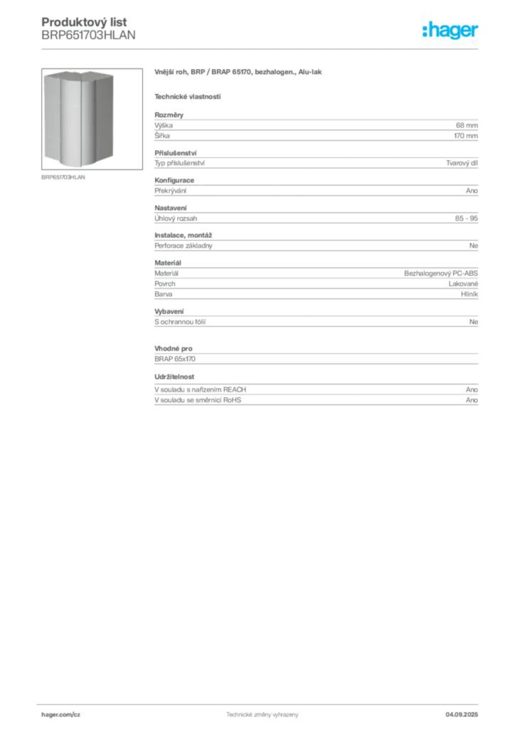 Obrázek Hager Produktový list BRP651703HLAN | Hager