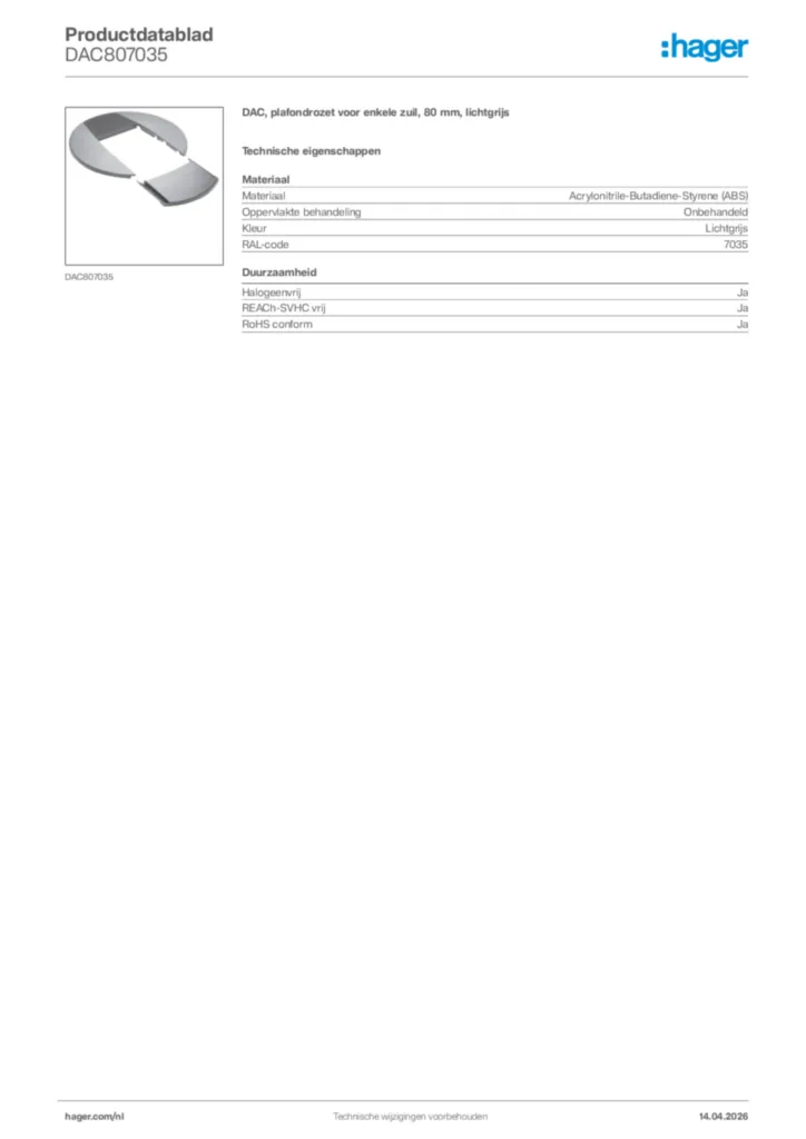 Afbeelding Hager Productdatablad DAC807035 | Hager Nederland