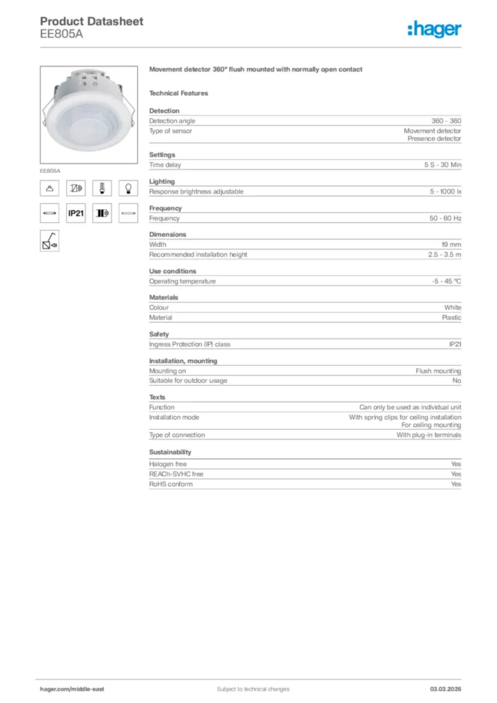 Image Hager Product data sheet EE805A  | Hager