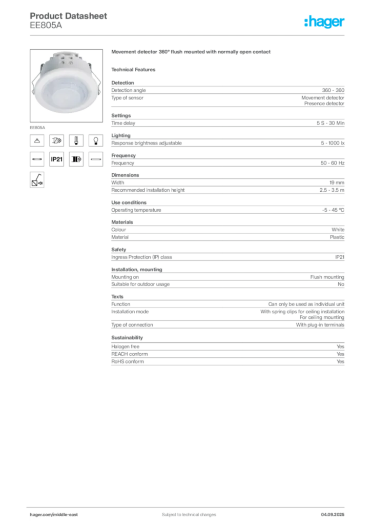 Image Hager Product data sheet EE805A  | Hager
