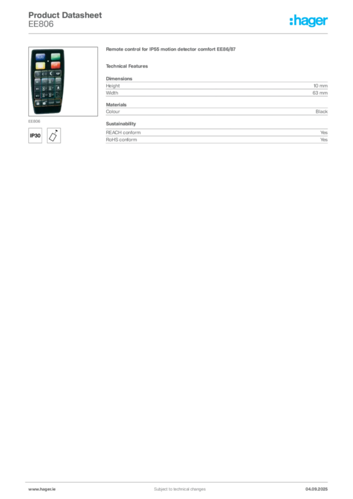 Image Hager Product data sheet EE806  | Hager
