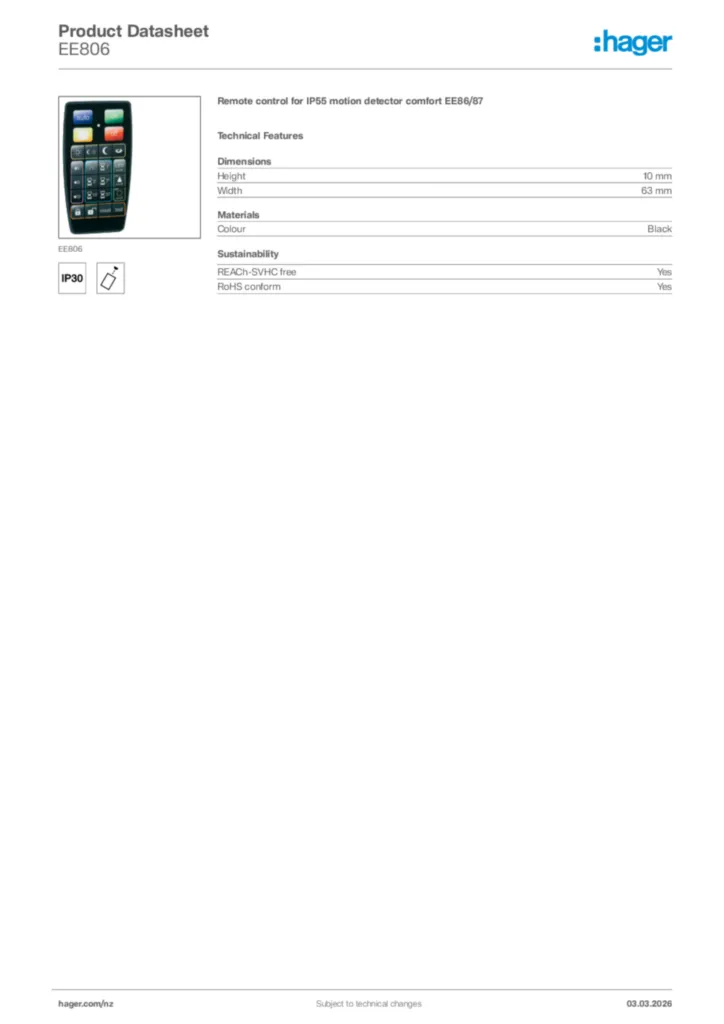 Image Hager Product data sheet EE806  | Hager New Zealand
