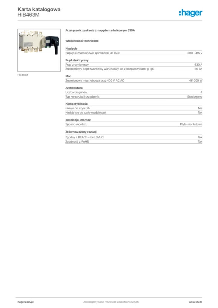 Zdjęcie Hager Karta katalogowa HIB463M | Hager Polska