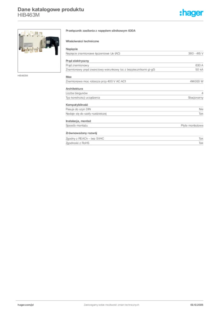 Zdjęcie Hager Dane katalogowe produktu HIB463M | Hager Polska