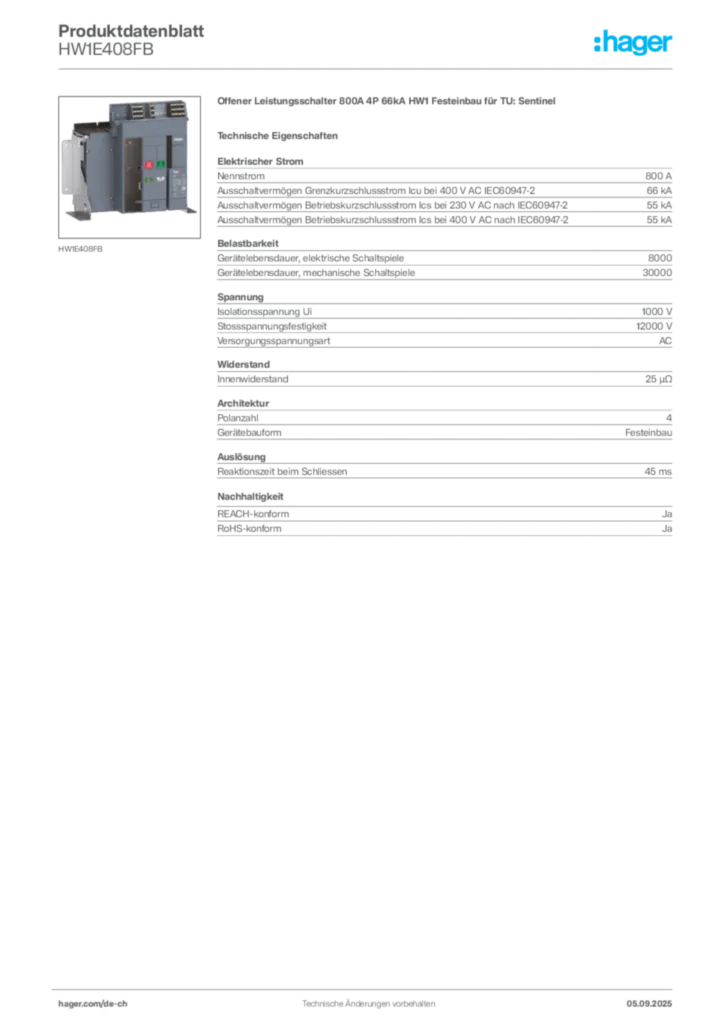 Bild Hager Produktdatenblatt HW1E408FB | Hager Schweiz