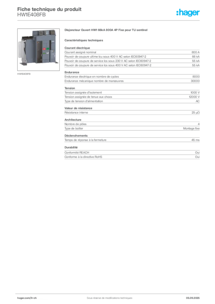Image Hager Fiche technique du produit HW1E408FB | Hager Suisse