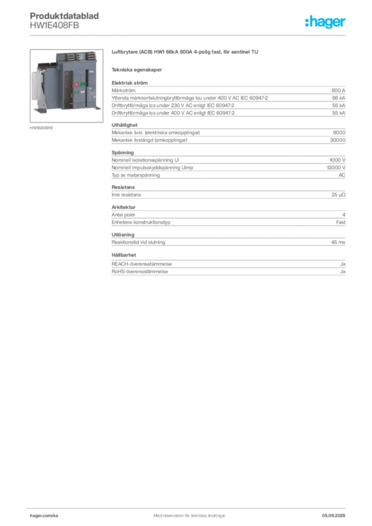 Bild Hager Produktdatablad HW1E408FB | Hager Sverige