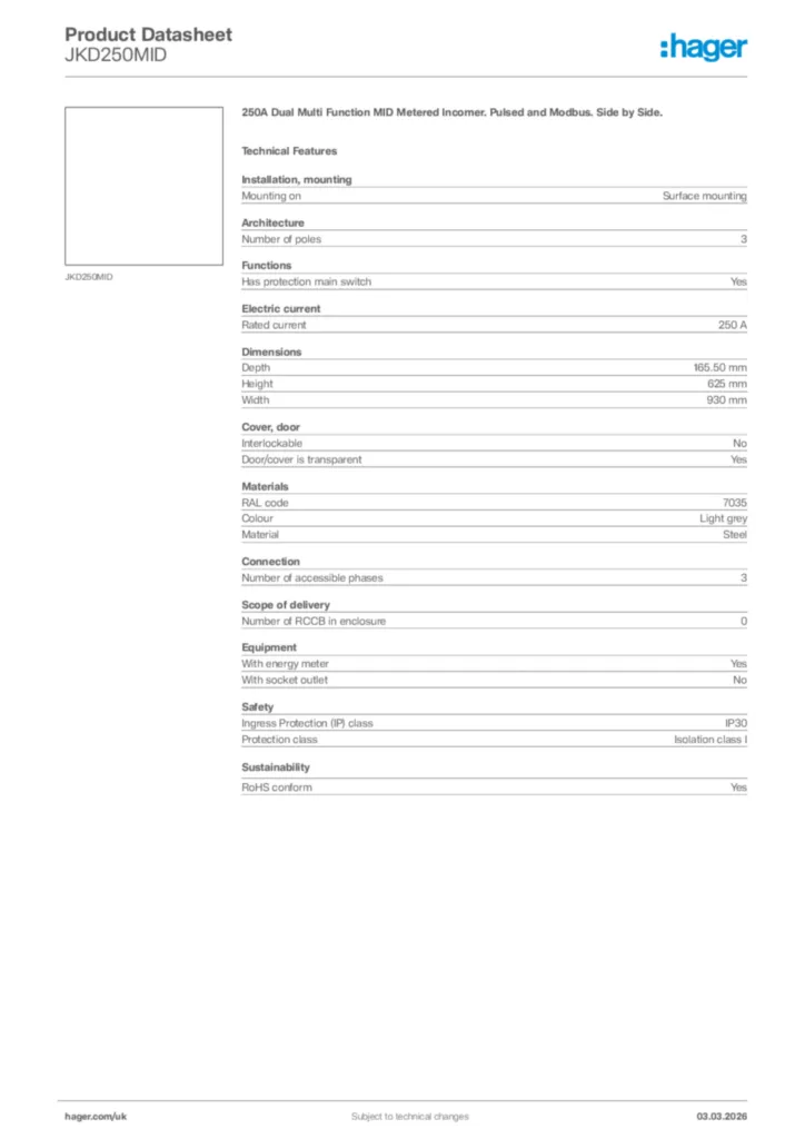 Image Hager Product data sheet JKD250MID  | Hager