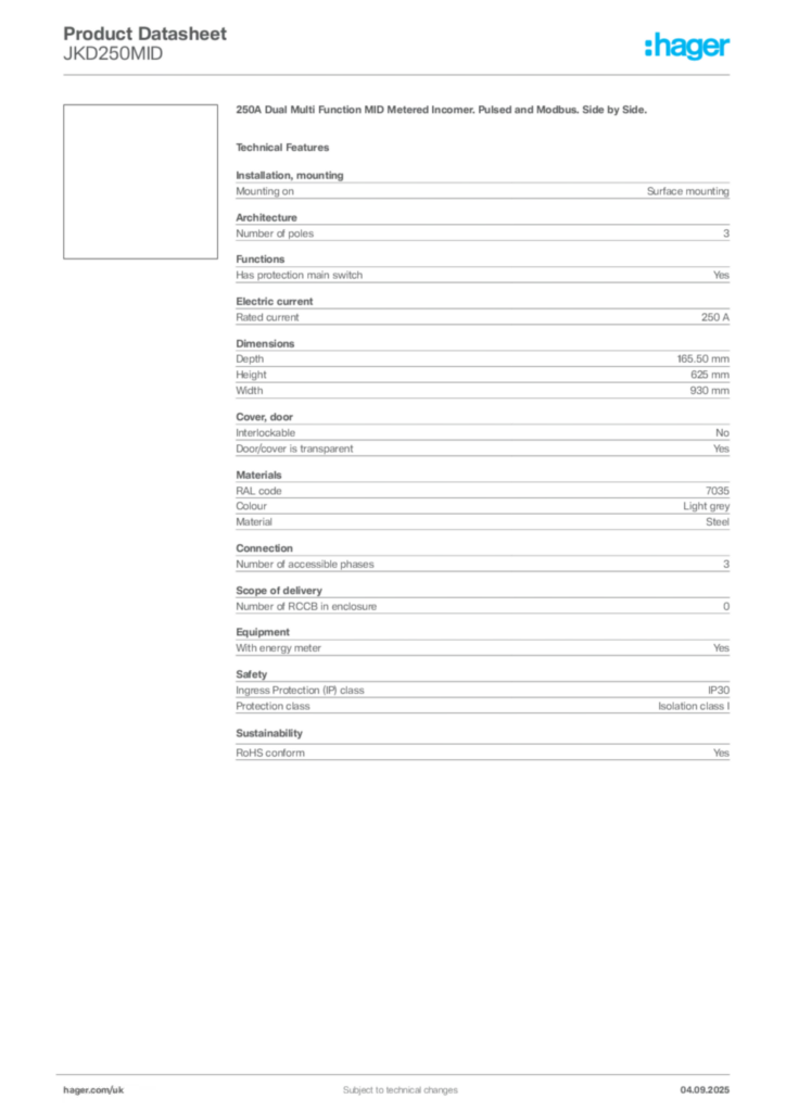 Image Hager Product data sheet JKD250MID  | Hager