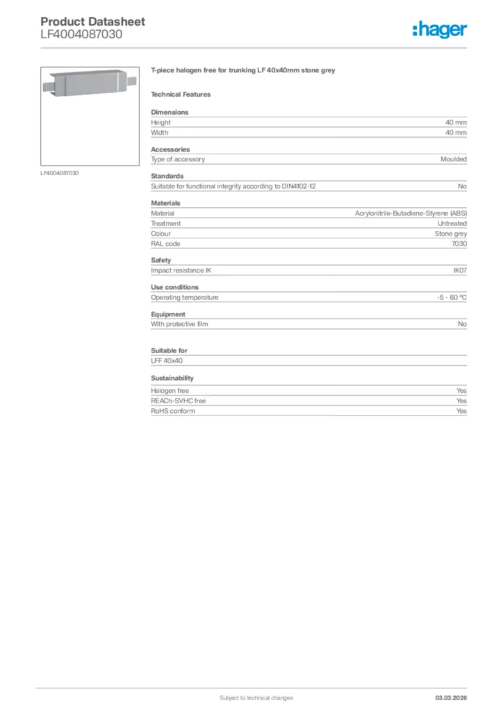 Image Hager Product data sheet LF4004087030  | Hager Africa