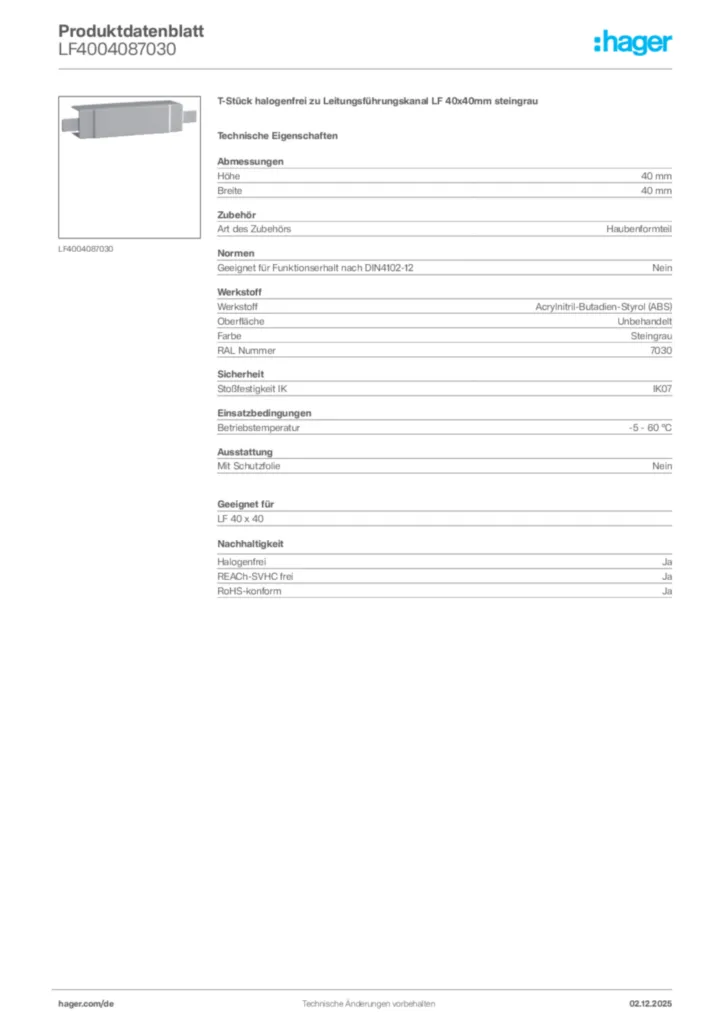 Bild Hager Produktdatenblatt LF4004087030 | Hager Deutschland