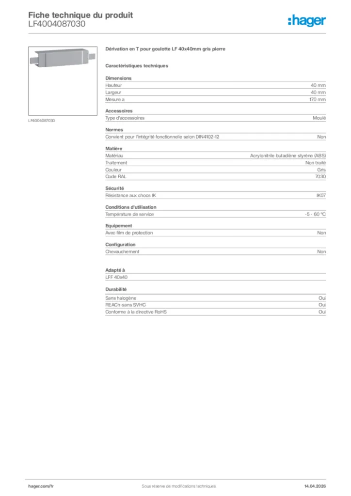 Image Hager Fiche technique du produit LF4004087030 | Hager France