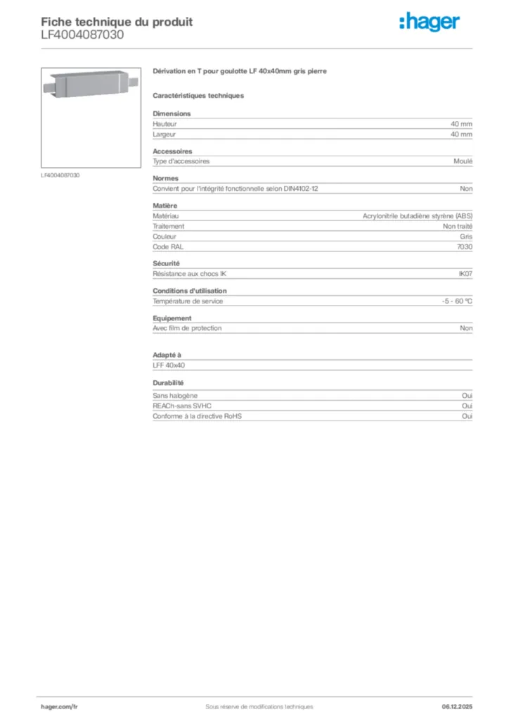 Image Hager Fiche technique du produit LF4004087030 | Hager France