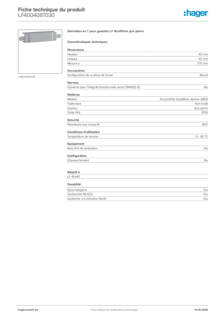 Image Hager Fiche technique du produit LF4004087030 | Hager Belgique