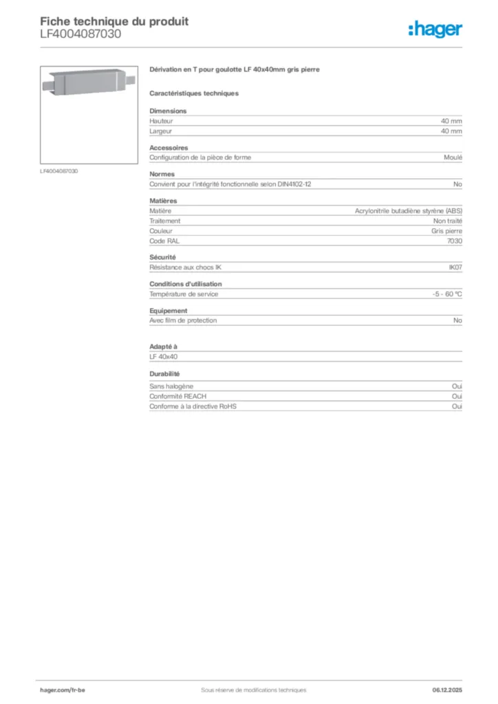Image Hager Fiche technique du produit LF4004087030 | Hager Belgique