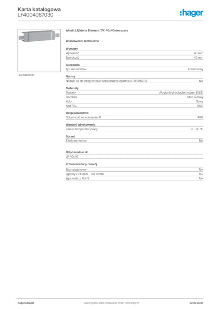 Zdjęcie Hager Karta katalogowa LF4004087030 | Hager Polska