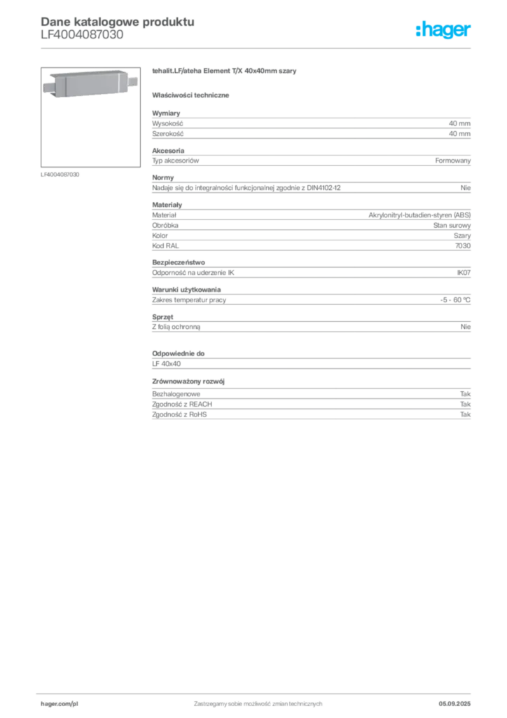 Zdjęcie Hager Dane katalogowe produktu LF4004087030 | Hager Polska