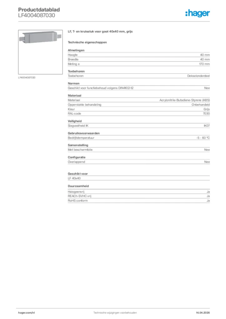 Afbeelding Hager Productdatablad LF4004087030 | Hager Nederland