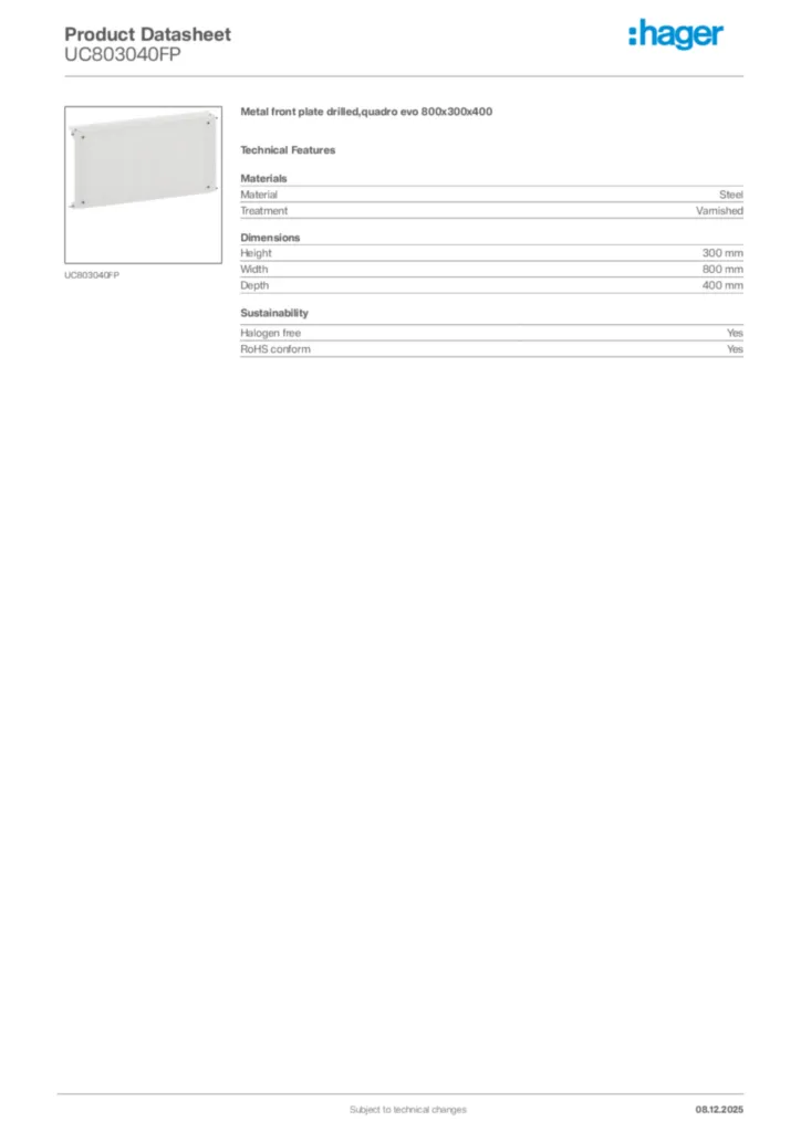 Image Hager Product data sheet UC803040FP  | Hager Africa