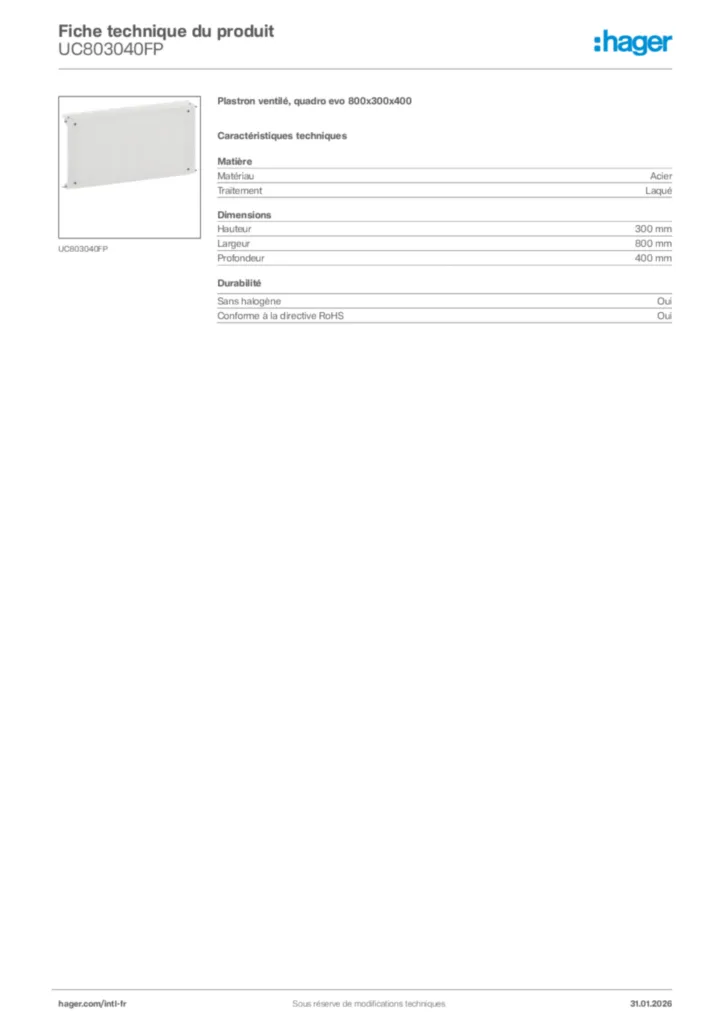 Image Hager Fiche technique du produit UC803040FP | Hager Afrique