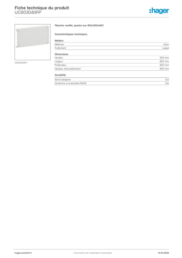 Image Hager Fiche technique du produit UC803040FP | Hager Afrique