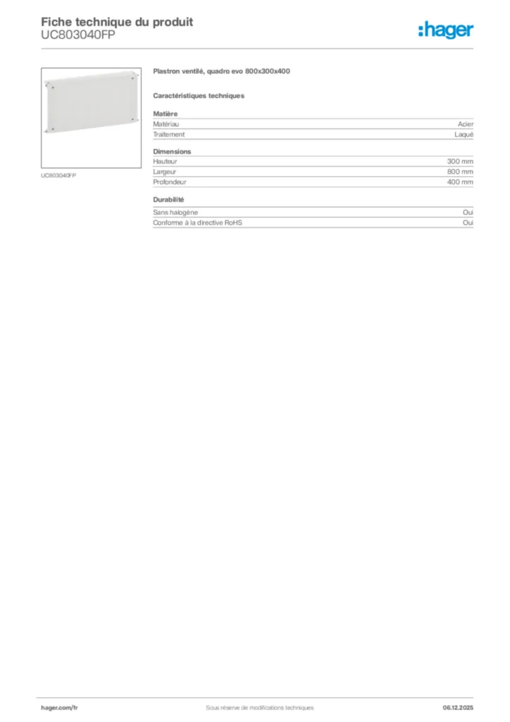 Image Hager Fiche technique du produit UC803040FP | Hager France