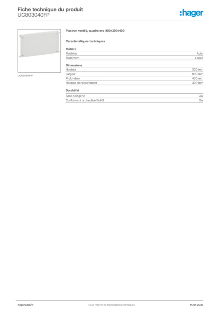 Image Hager Fiche technique du produit UC803040FP | Hager France