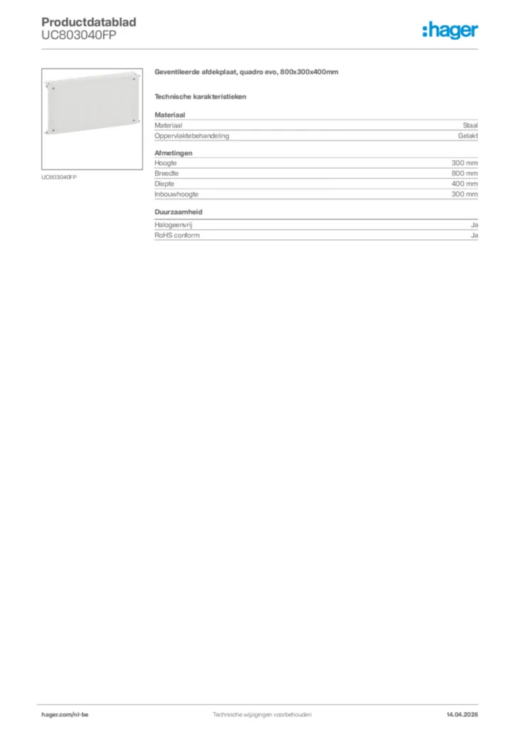 Afbeelding Hager Productdatablad UC803040FP | Hager Belgium