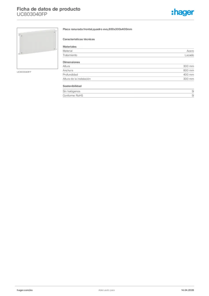 Imagen Hager Ficha de datos de producto UC803040FP | Hager España