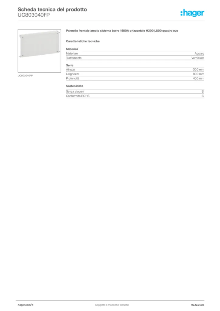 Immagine Hager Scheda tecnica del prodotto UC803040FP | Hager Italia