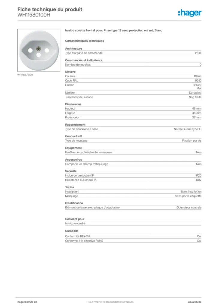 Image Hager Fiche technique du produit WH11580100H | Hager Suisse