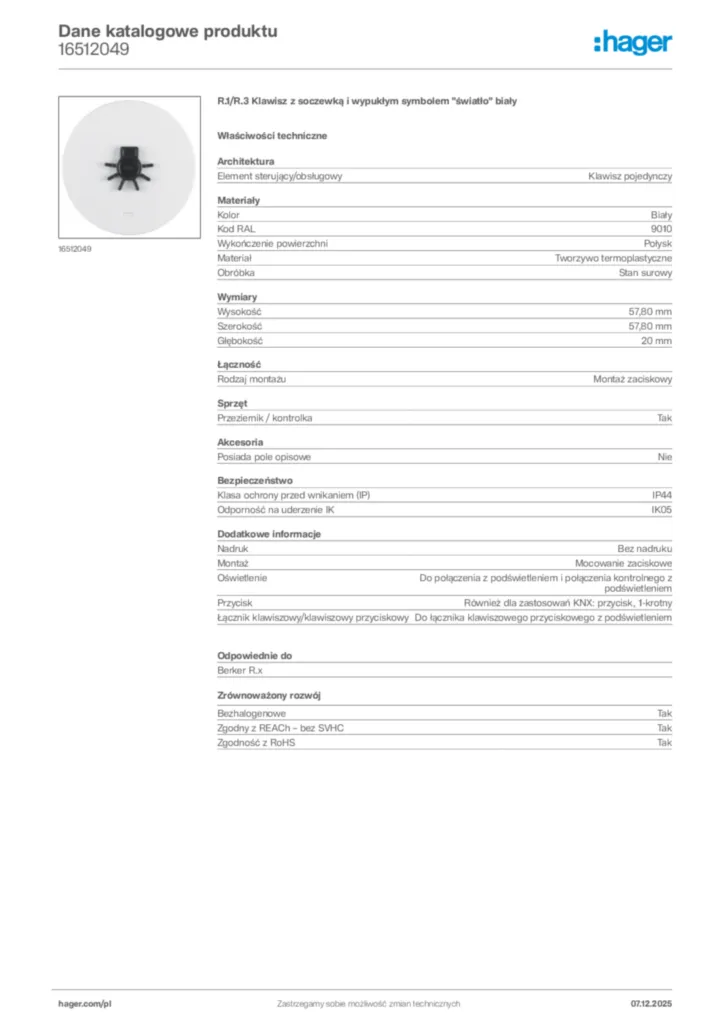 Zdjęcie Hager Karta katalogowa 16512049 | Hager Polska