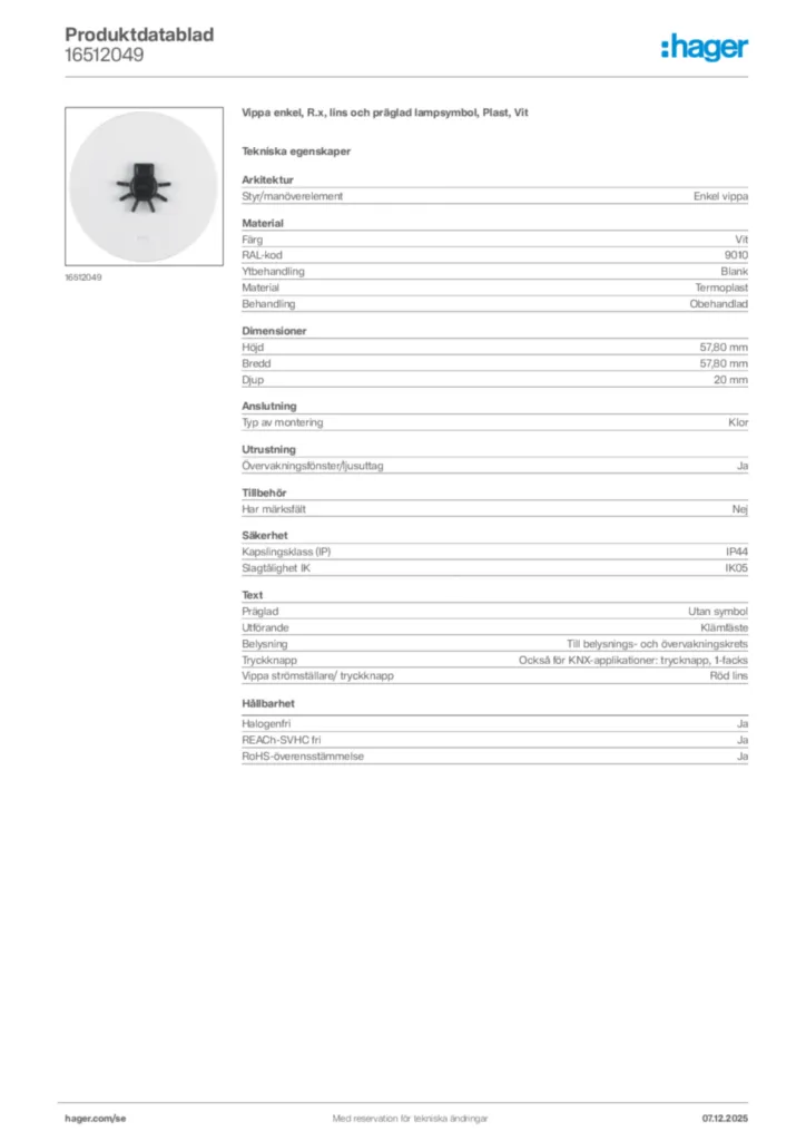 Bild Hager Produktdatablad 16512049 | Hager Sverige