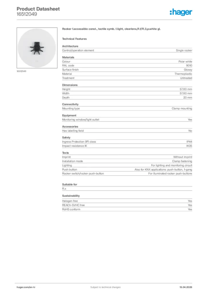 Image Hager Product data sheet 16512049  | Hager