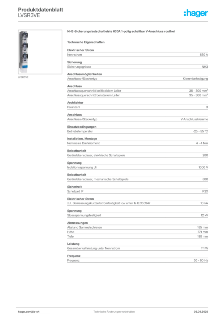 Bild Hager Produktdatenblatt LVSR3VE | Hager Schweiz