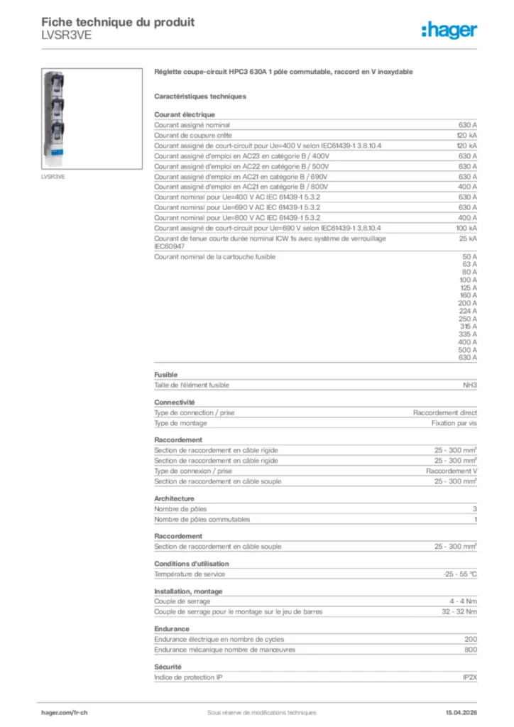 Image Hager Fiche technique du produit LVSR3VE | Hager Suisse