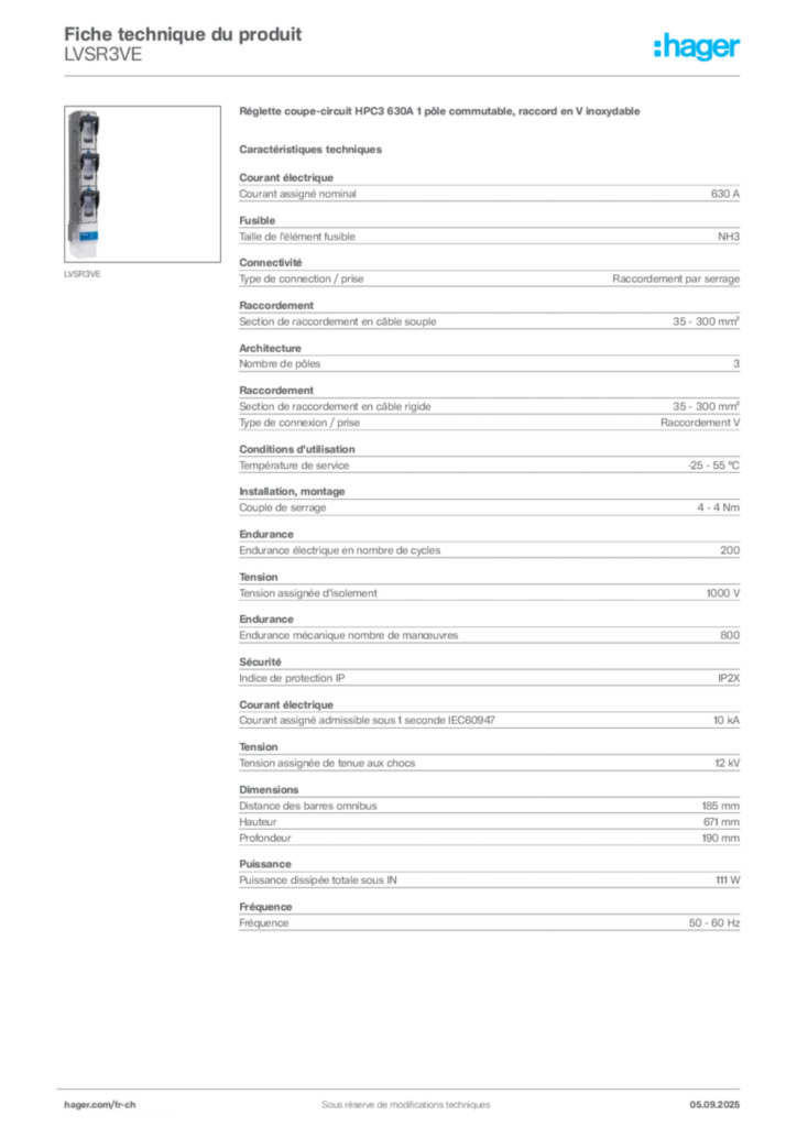 Image Hager Fiche technique du produit LVSR3VE | Hager Suisse
