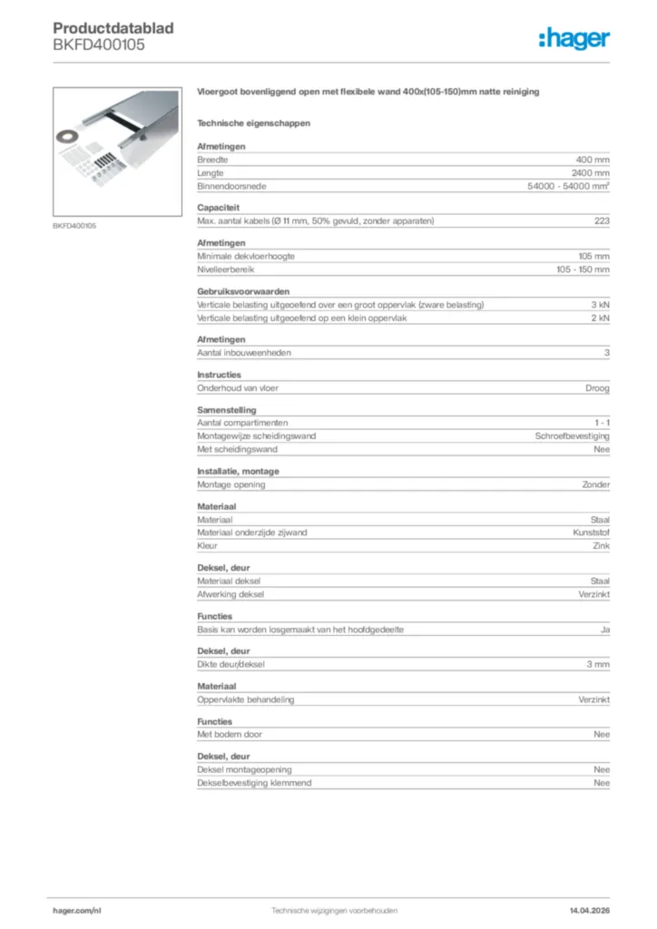 Afbeelding Hager Productdatablad BKFD400105 | Hager Nederland